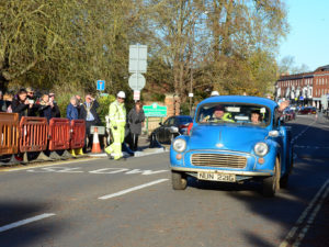 Marlow Bridge reopening day - Classic Morris Minor van was the first to follow the Chairman's car across reopened bridge.